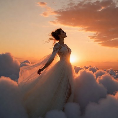 Woman in white wedding dress among clouds