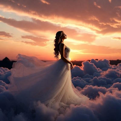 Woman in white gown on clouds at sunset