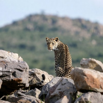 Leopard standing among rocks