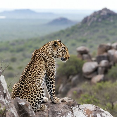 Leopard sitting on rocky outcrop