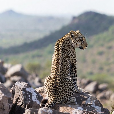 Leopard sitting on rocky mountain