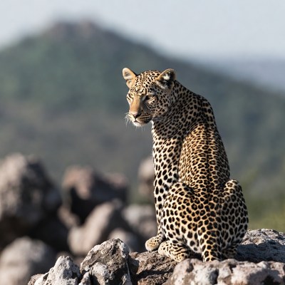 Leopard sitting on rocks