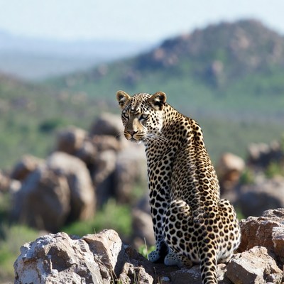 Leopard sitting on rocks