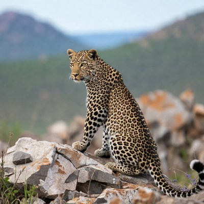 Leopard sitting on rocky outcrop