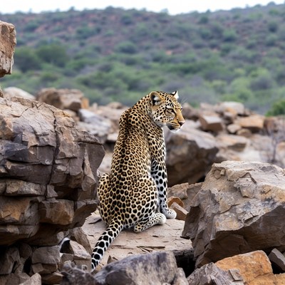 Leopard sitting on rocks