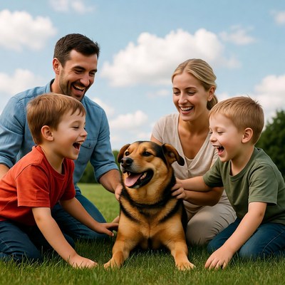 Happy family with dog in grass
