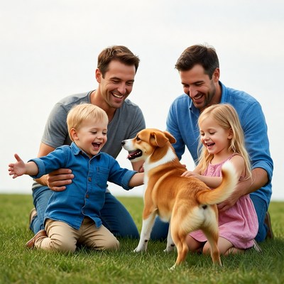 Family with Shiba Inu dog in grass