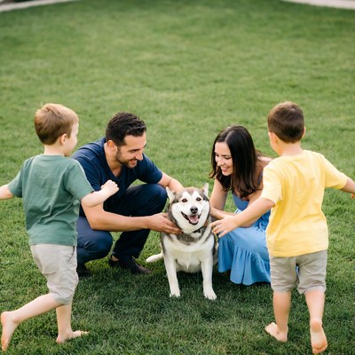 Family with Husky dog on grass