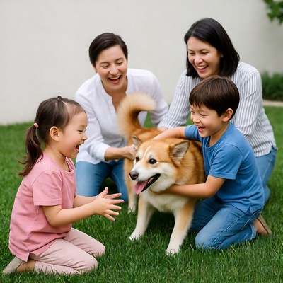 Asian family laughing with Shiba Inu dog