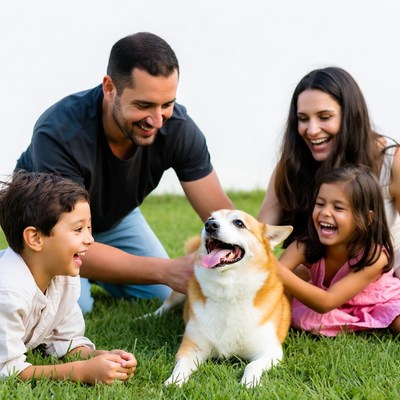 Family laughing with corgi on grass