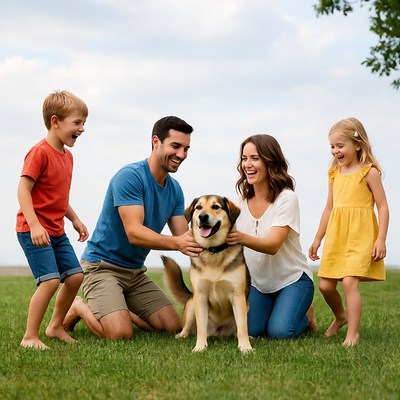 Family playing with German Shepherd outdoors