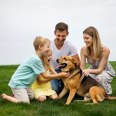 Family playing with German Shepherd dog