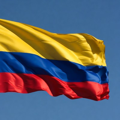 Colombian flag waving against blue sky