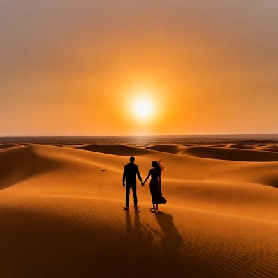 Couple silhouetted at sunset in desert