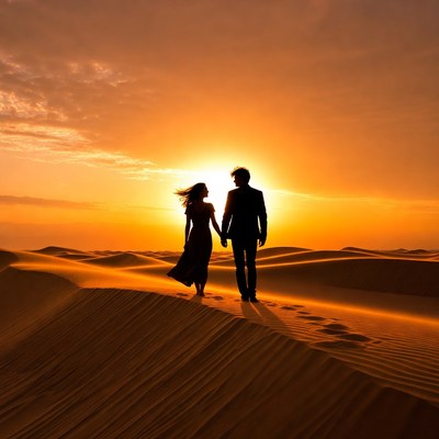 Silhouette couple holding hands in desert sunset