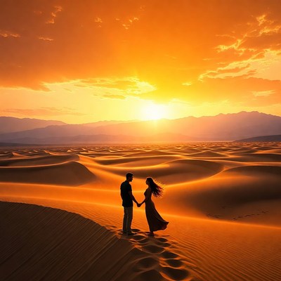 Couple embracing at sunset dunes