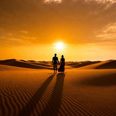 Silhouette couple holding hands at sunset desert