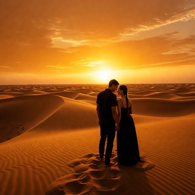 Couple embracing at desert sunset