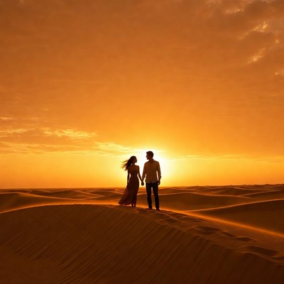Couple embracing on desert dune at sunset