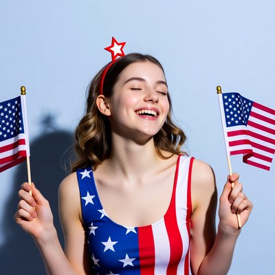 Girl holding American flags smiling