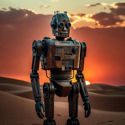 Rusty Robot Standing in Desert Sunset