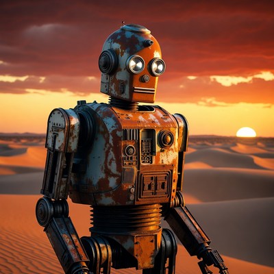 Rusty Robot Standing in Desert Sunset