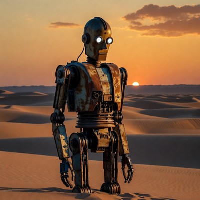 Rusty Robot Standing in Desert Sunset