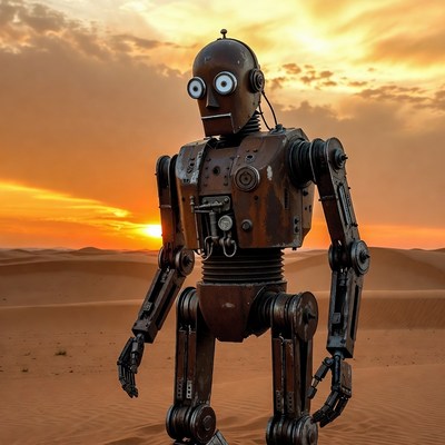 Rusty Robot Standing in Desert Sunset
