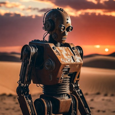 Rusty Robot in Desert Sunset