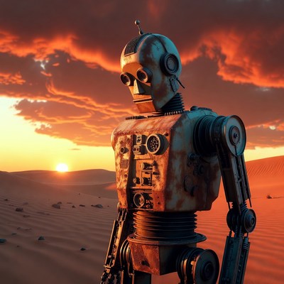 Rusty Robot Standing in Desert Sunset