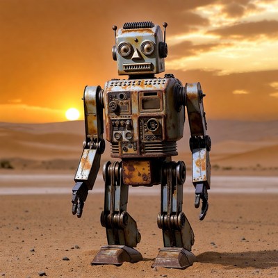 Rusty robot standing in desert sunset