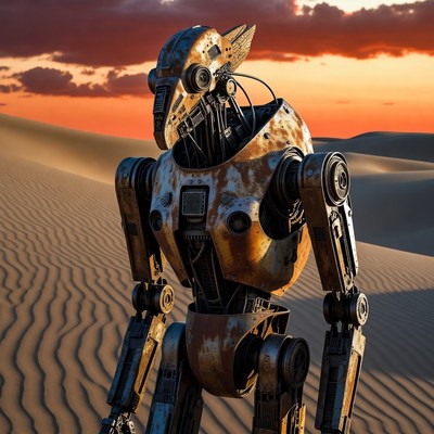 Rusty Winged Robot in Desert Sunset