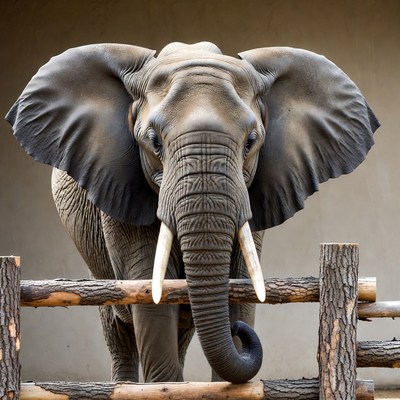Elephant leaning over wooden fence
