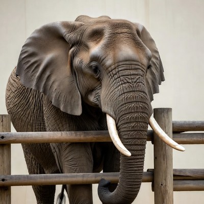 Elephant peering over wooden fence