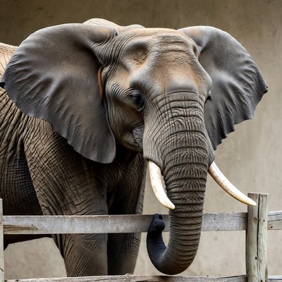 Elephant leaning on wooden fence