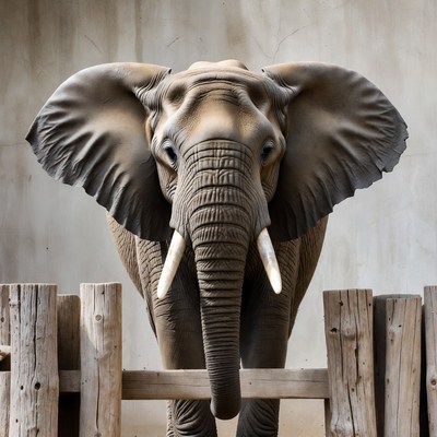 Elephant peering over wooden fence