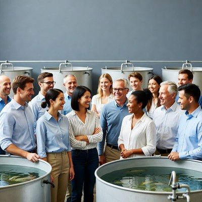 Diverse team viewing koi fish tanks