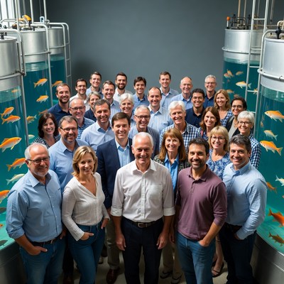 Team posing with fish tanks in factory
