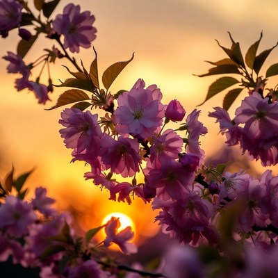 Pink Cherry Blossoms at Sunset