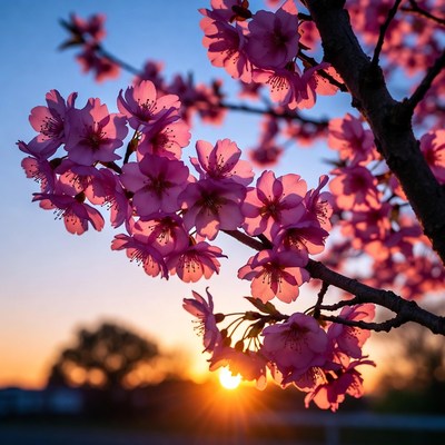 Pink Cherry Blossoms at Sunset