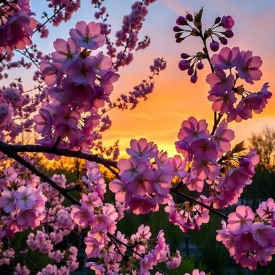 Pink Cherry Blossoms at Sunset