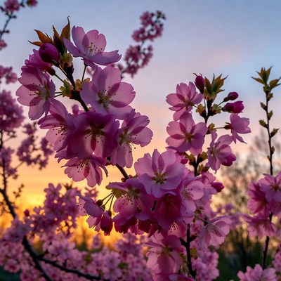 Pink Cherry Blossoms at Sunset