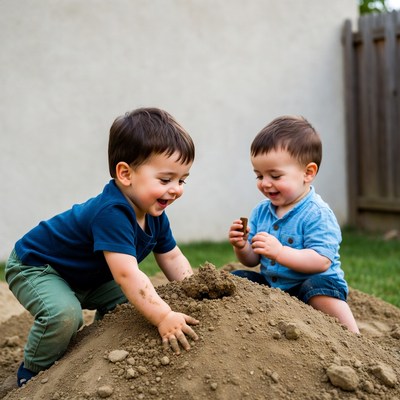 Two boys playing in dirt pile