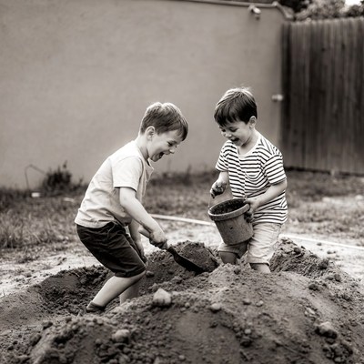 Two boys playing in sand pile