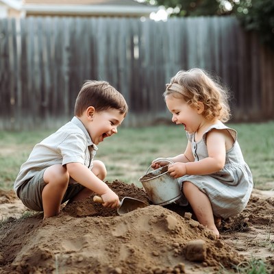 Brother and sister playing in sandbox