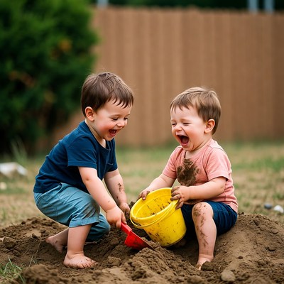 Two boys laughing playing with muddy bucket
