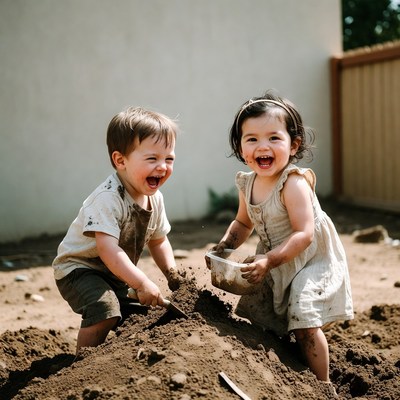 Toddlers playing in mud pile