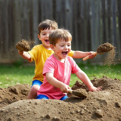 Two boys playing with dirt in sandbox