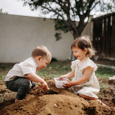 Toddlers playing with sand and shovel