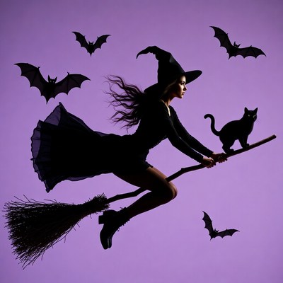 Woman witch flying on broomstick